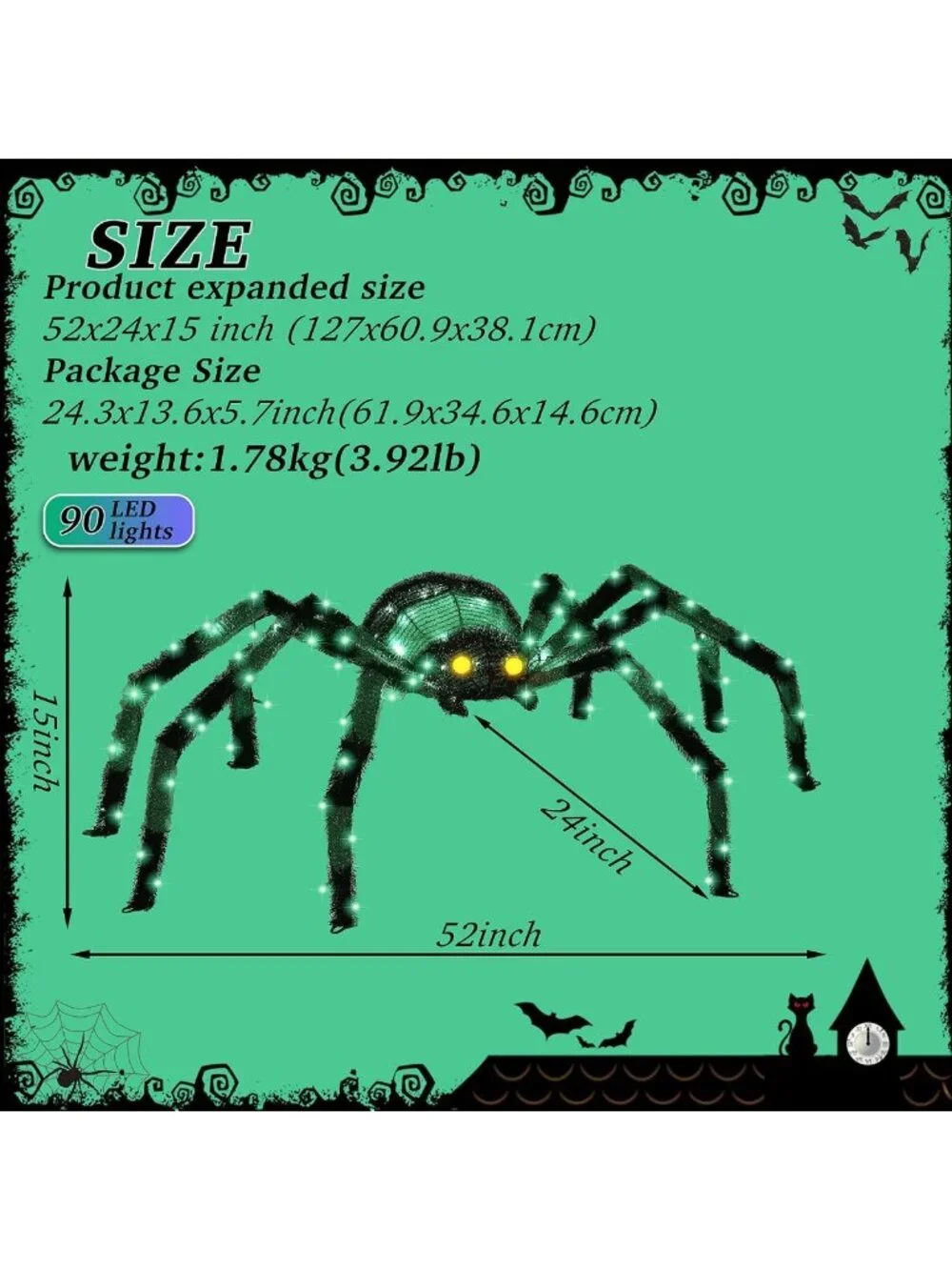 Giant 4.2Ft Light Up Spider Halloween Decoration with 90 LED Lights for Yard